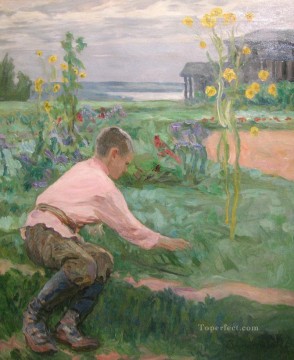 150の主題の芸術作品 Painting - 草の上の少年 ニコライ・ボグダノフ ベルスキーの子供たち 印象派